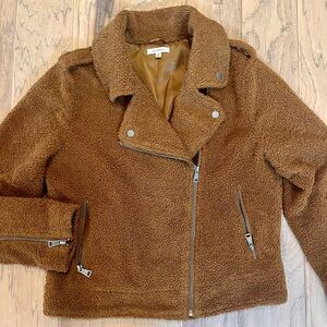 Max Studio Brown Women’s Moto Teddy Jacket, size L